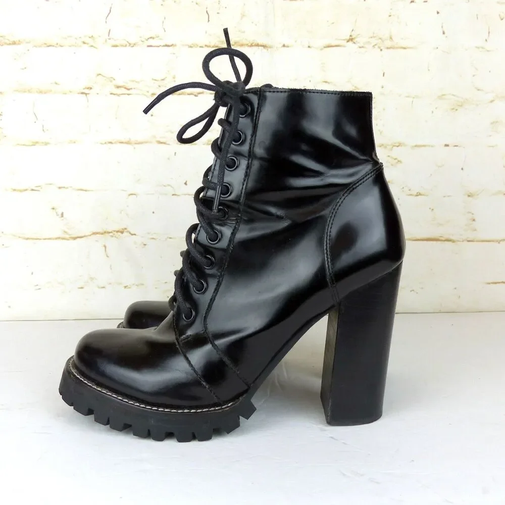 Jeffrey Campbell Legion Boot Women 8.5M Black Leather Heel Lace Zip Lug Ankle - Picture 5 of 13
